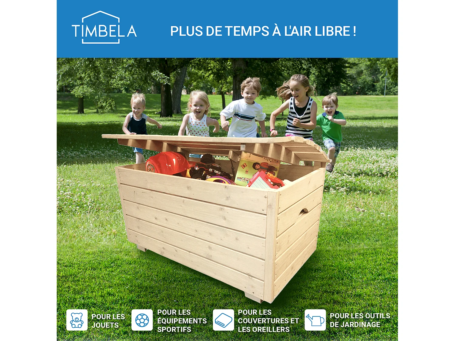 Holzkiste mit deckel - aufbewahrungsbox garten 80x50xH47 cm - M034-1