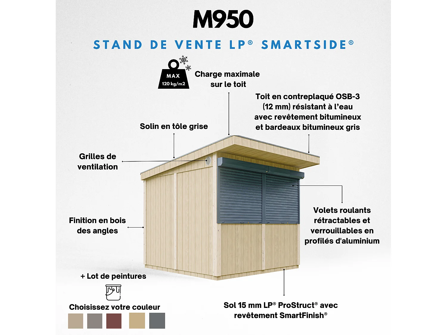 Grand stand marché avec comptoir - 5,9 m2 H240x248x305 cm - construction de panneaux LP Smartside - M950-TERRA BROWN