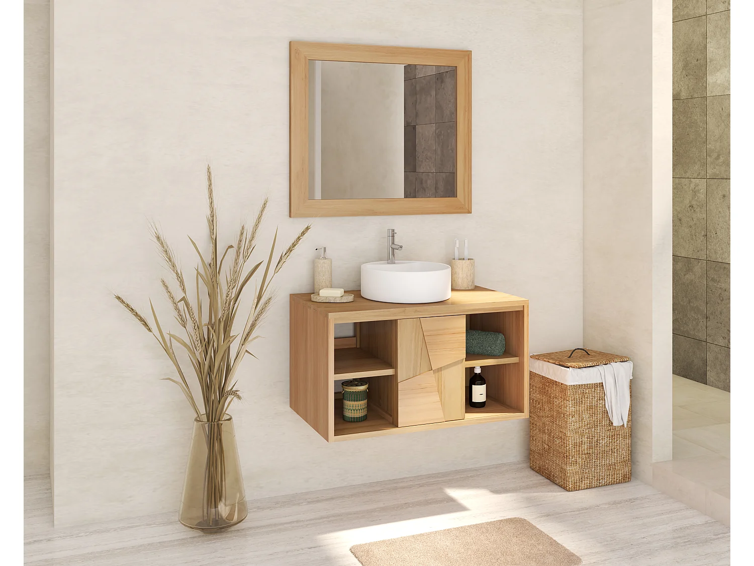 Meuble de salle de bain suspendu en teck avec vasque à poser ronde en céramique - L80 cm - SUMBAWA