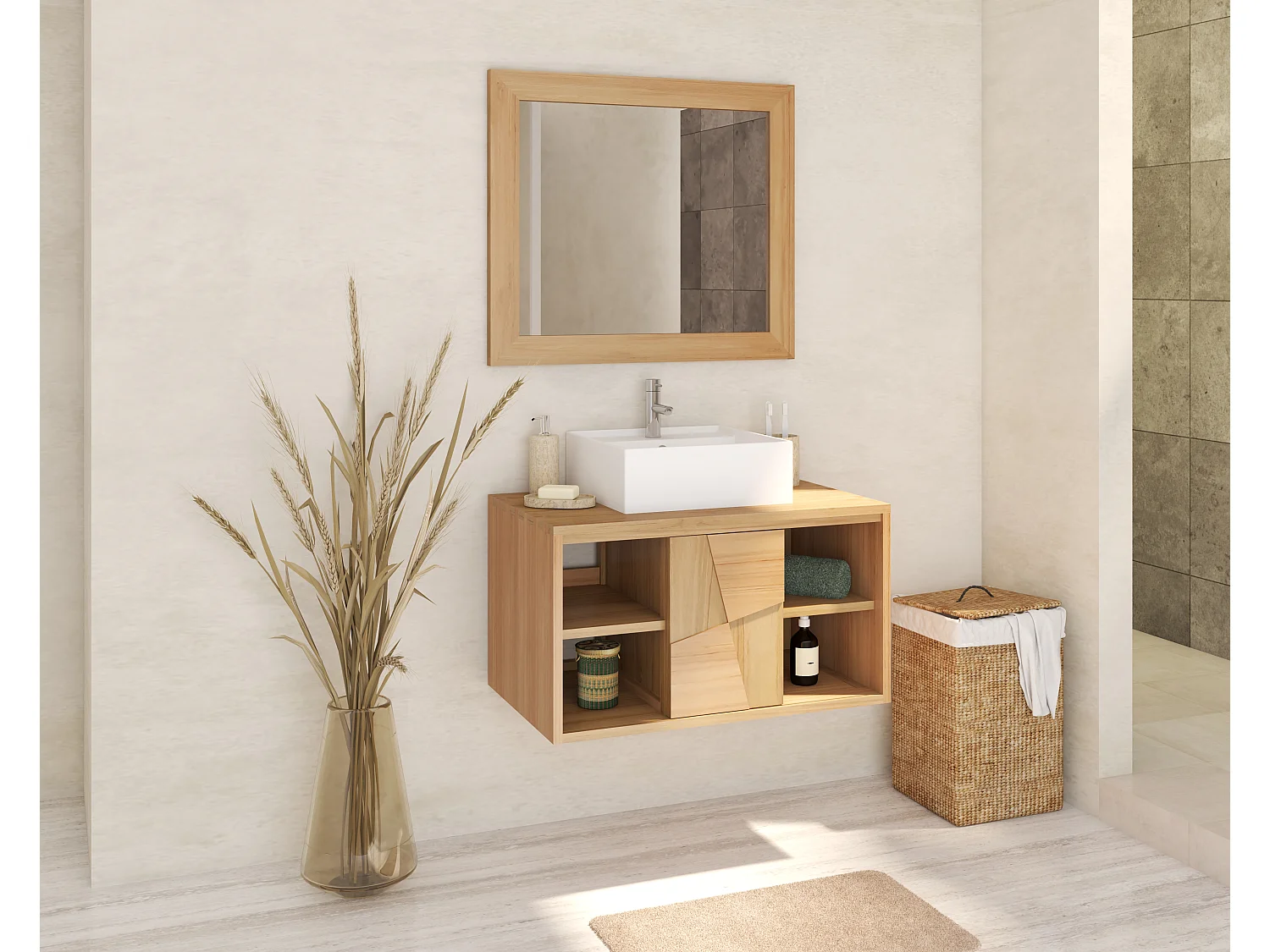 Meuble de salle de bain suspendu en teck avec vasque à poser carrée en céramique - L80 cm - SUMBAWA