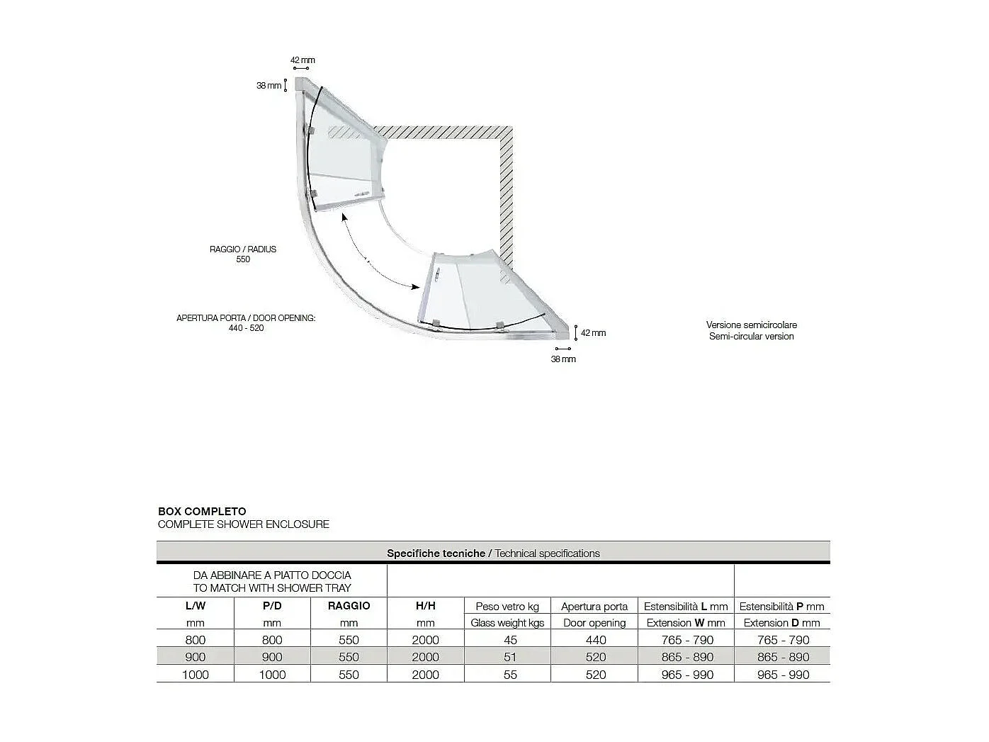Box Doccia Semicircolare 6mm Scorrevole Anticalcare H200 FS40 - 100x100 - Raggio 55cm