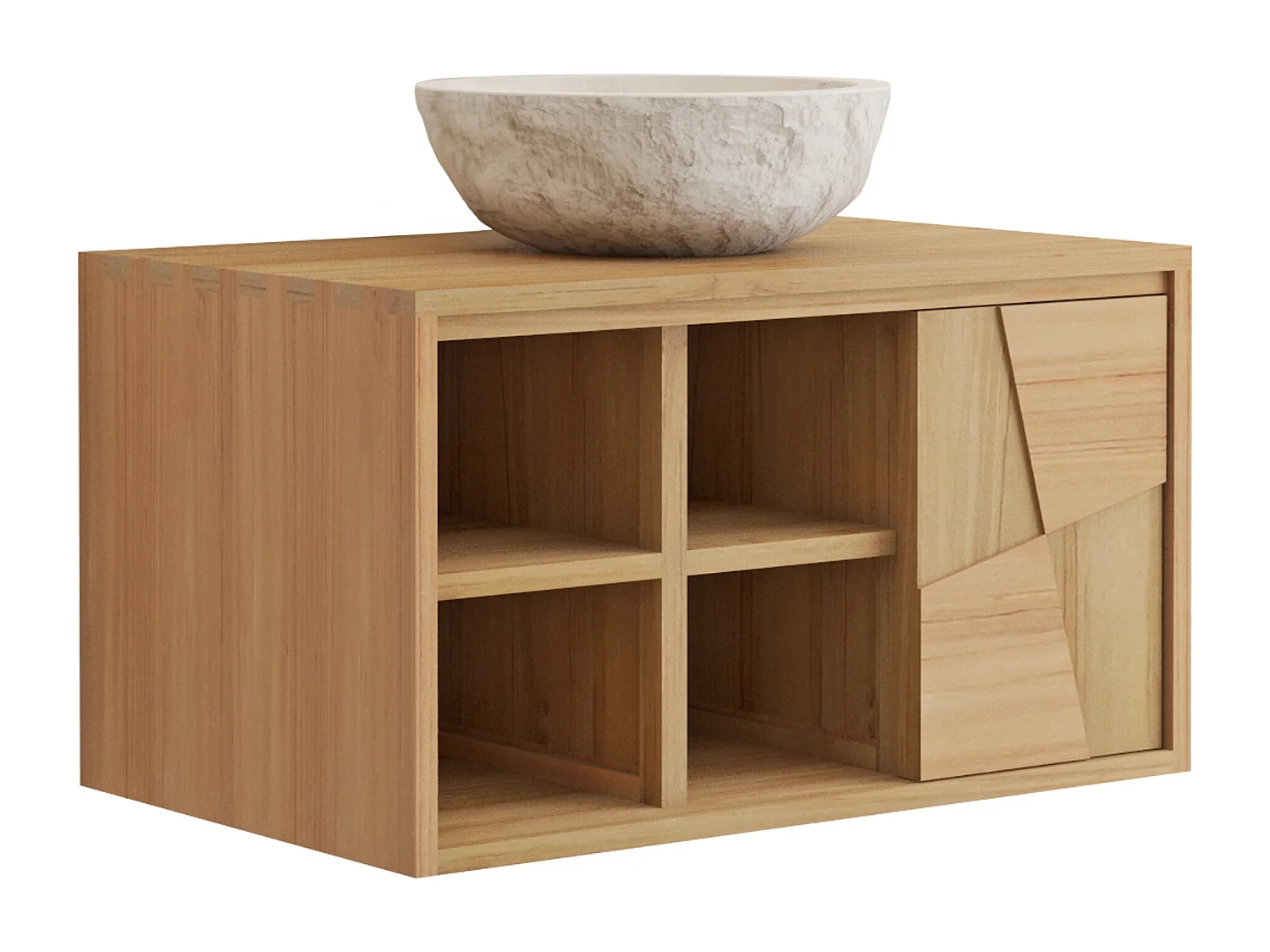 Meuble de salle de bain suspendu en teck avec vasque à poser ronde en marbre couleur crème - L80 cm - SUMBAWA