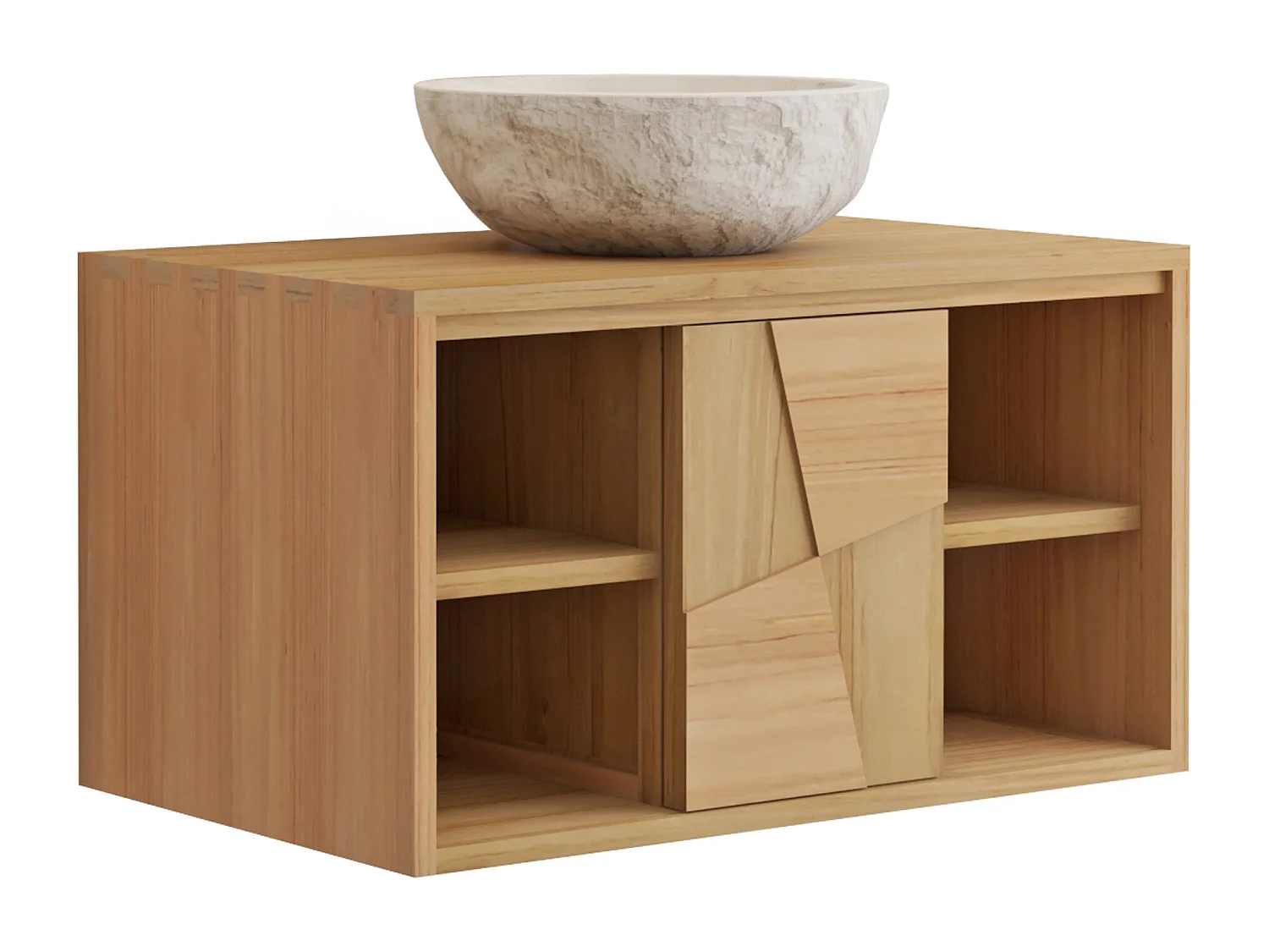 Meuble de salle de bain suspendu en teck avec vasque à poser ronde en marbre couleur crème - L80 cm - SUMBAWA