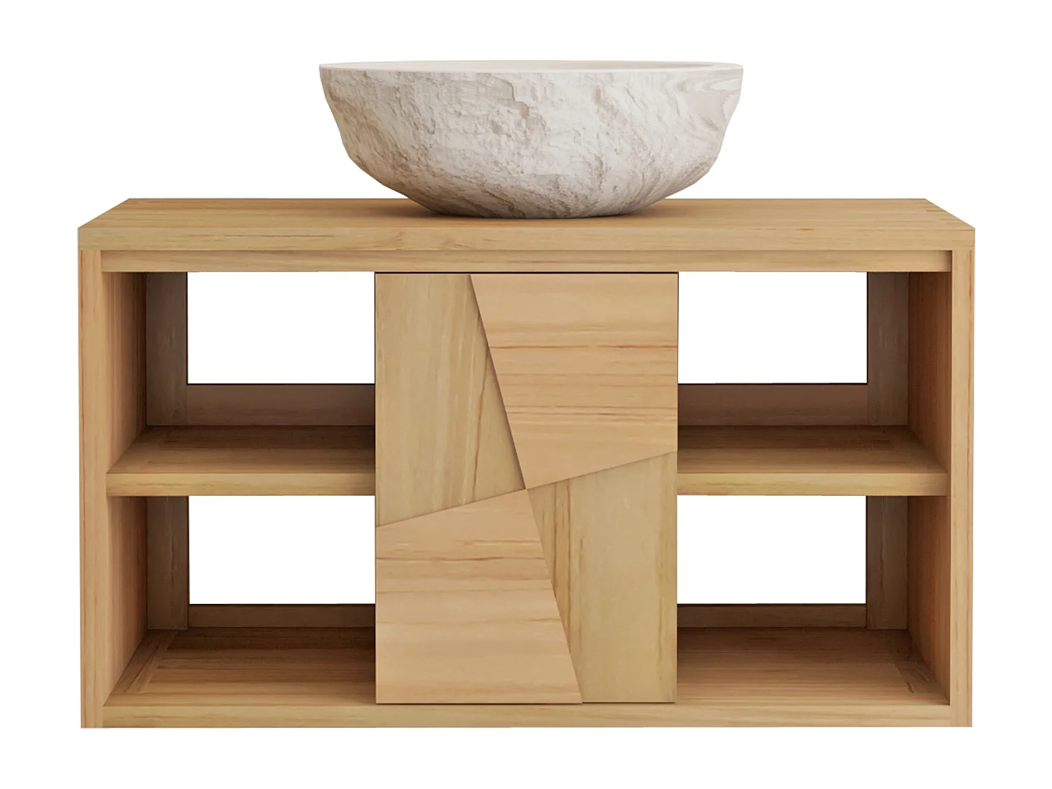 Meuble de salle de bain suspendu en teck avec vasque à poser ronde en marbre couleur crème - L80 cm - SUMBAWA