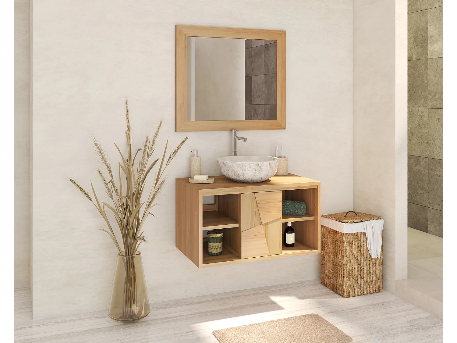 Meuble de salle de bain suspendu en teck avec vasque à poser ronde en marbre couleur crème - L80 cm - SUMBAWA