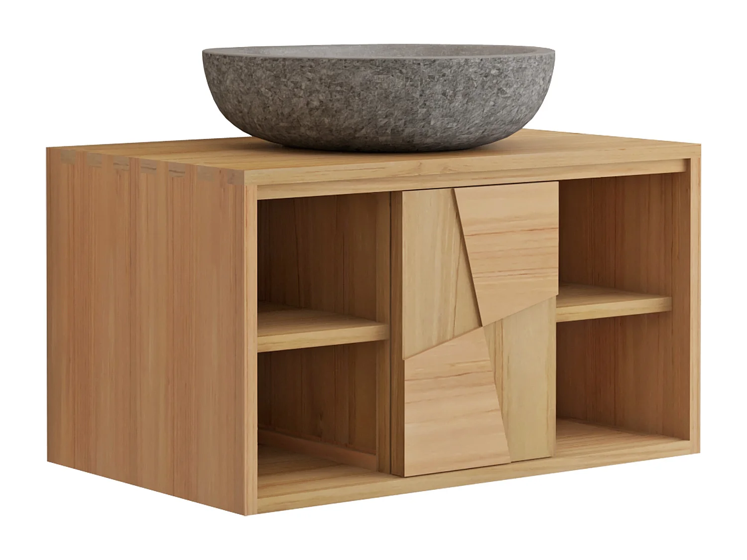 Meuble de salle de bain suspendu en teck avec vasque à poser ronde en pierre de rivière grise - L80 cm - SUMBAWA