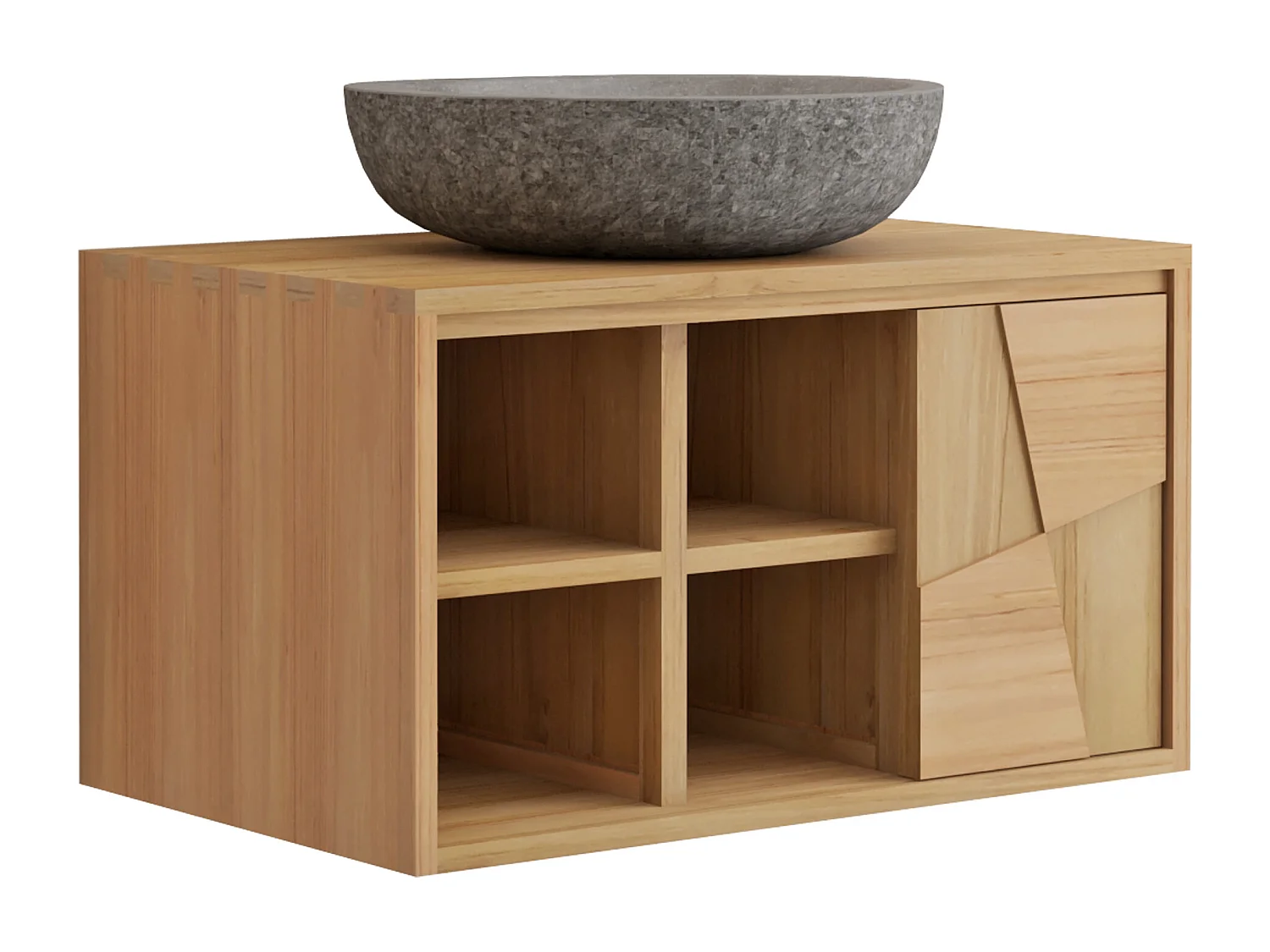 Meuble de salle de bain suspendu en teck avec vasque à poser ronde en pierre de rivière grise - L80 cm - SUMBAWA