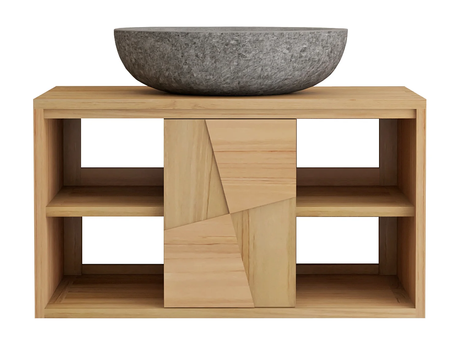 Meuble de salle de bain suspendu en teck avec vasque à poser ronde en pierre de rivière grise - L80 cm - SUMBAWA