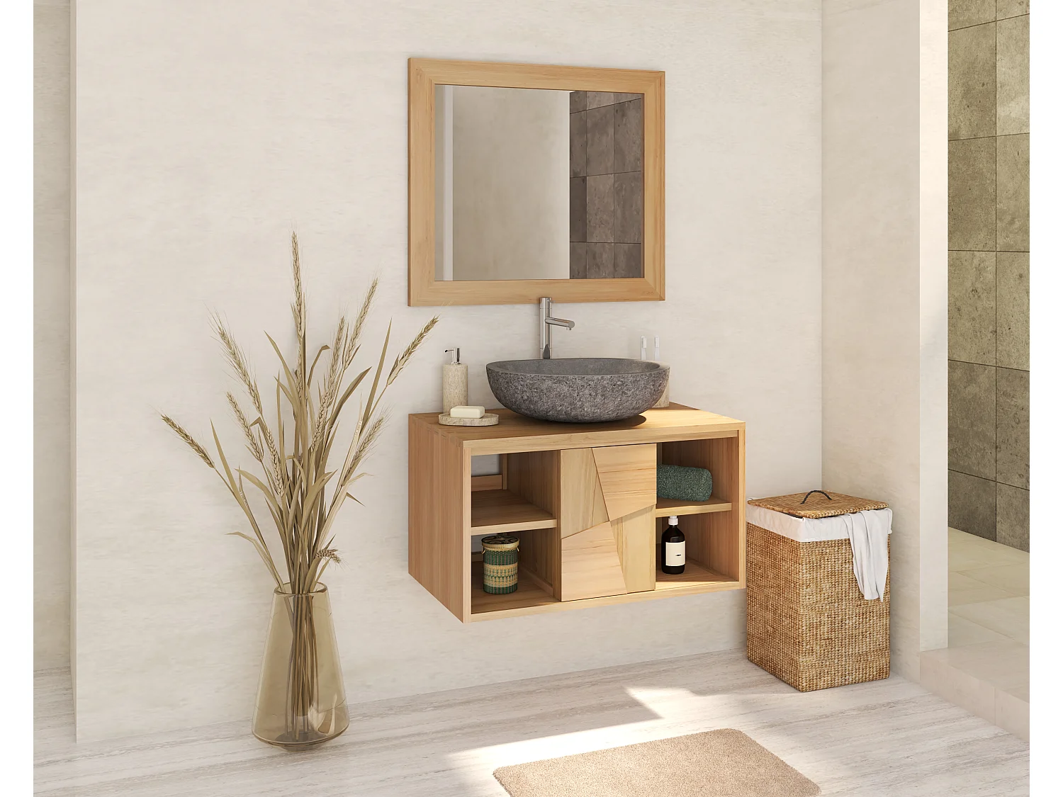 Meuble de salle de bain suspendu en teck avec vasque à poser ronde en pierre de rivière grise - L80 cm - SUMBAWA