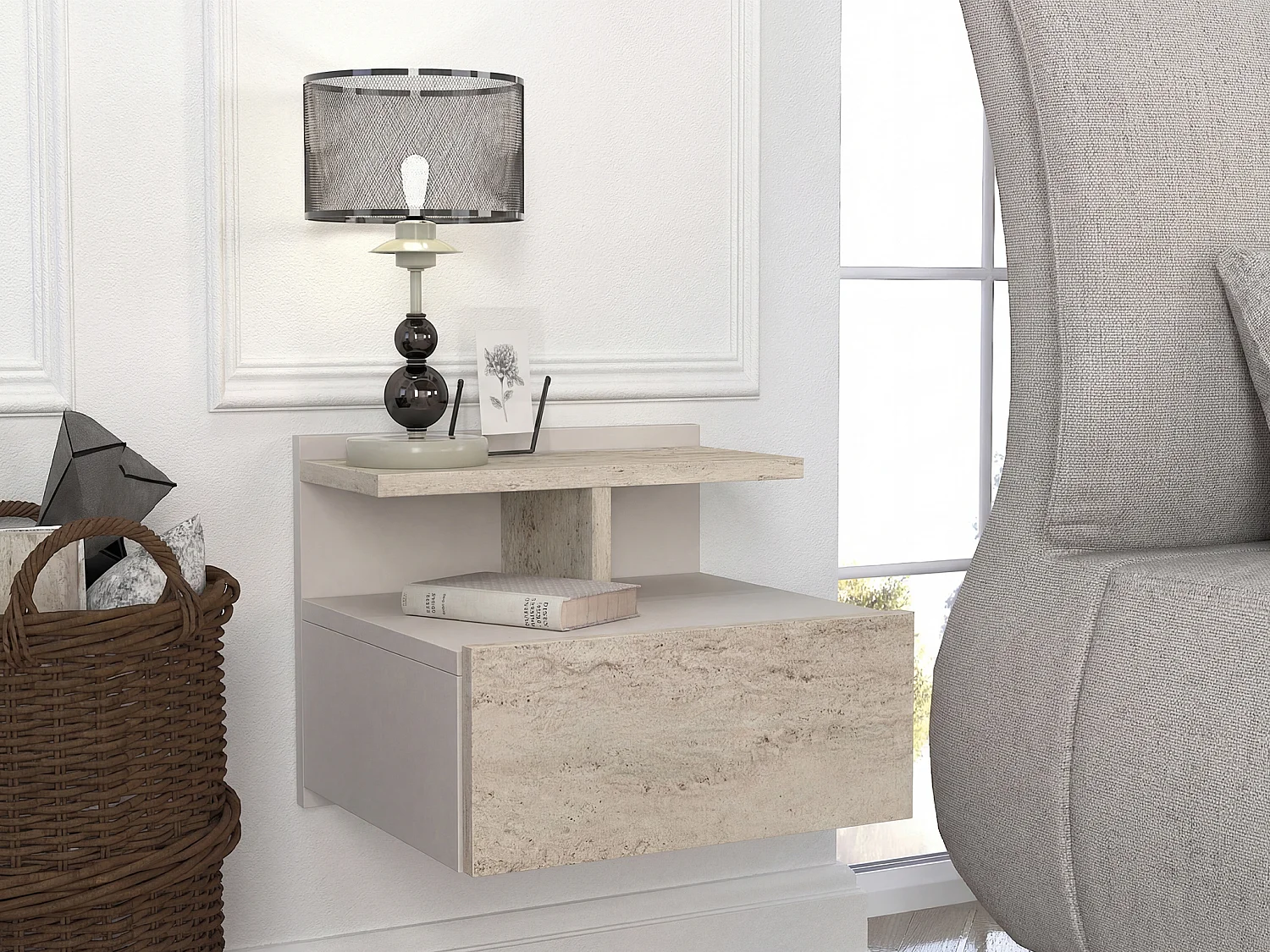 Lot de 2 tables de chevet suspendues – 1 tiroir – Effet travertin beige - AZELNO