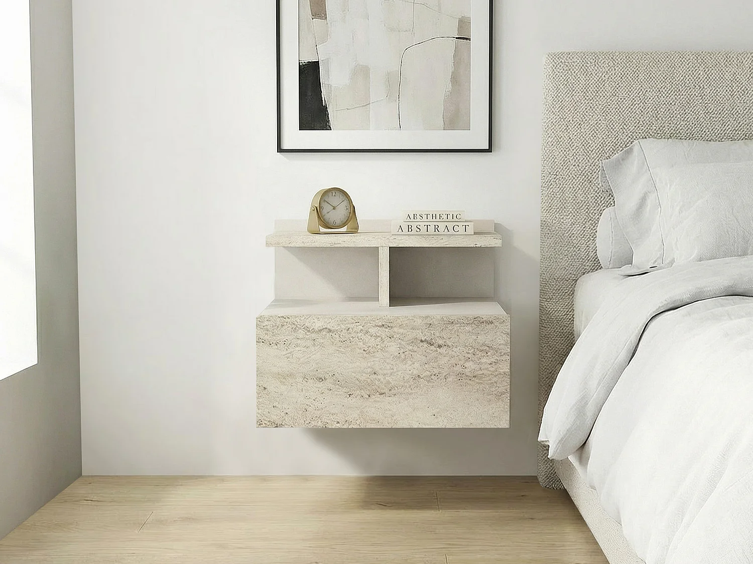 Conjunto de 2 mesitas de noche suspendidas - 1 cajón - Efecto travertino beige - AZELNO