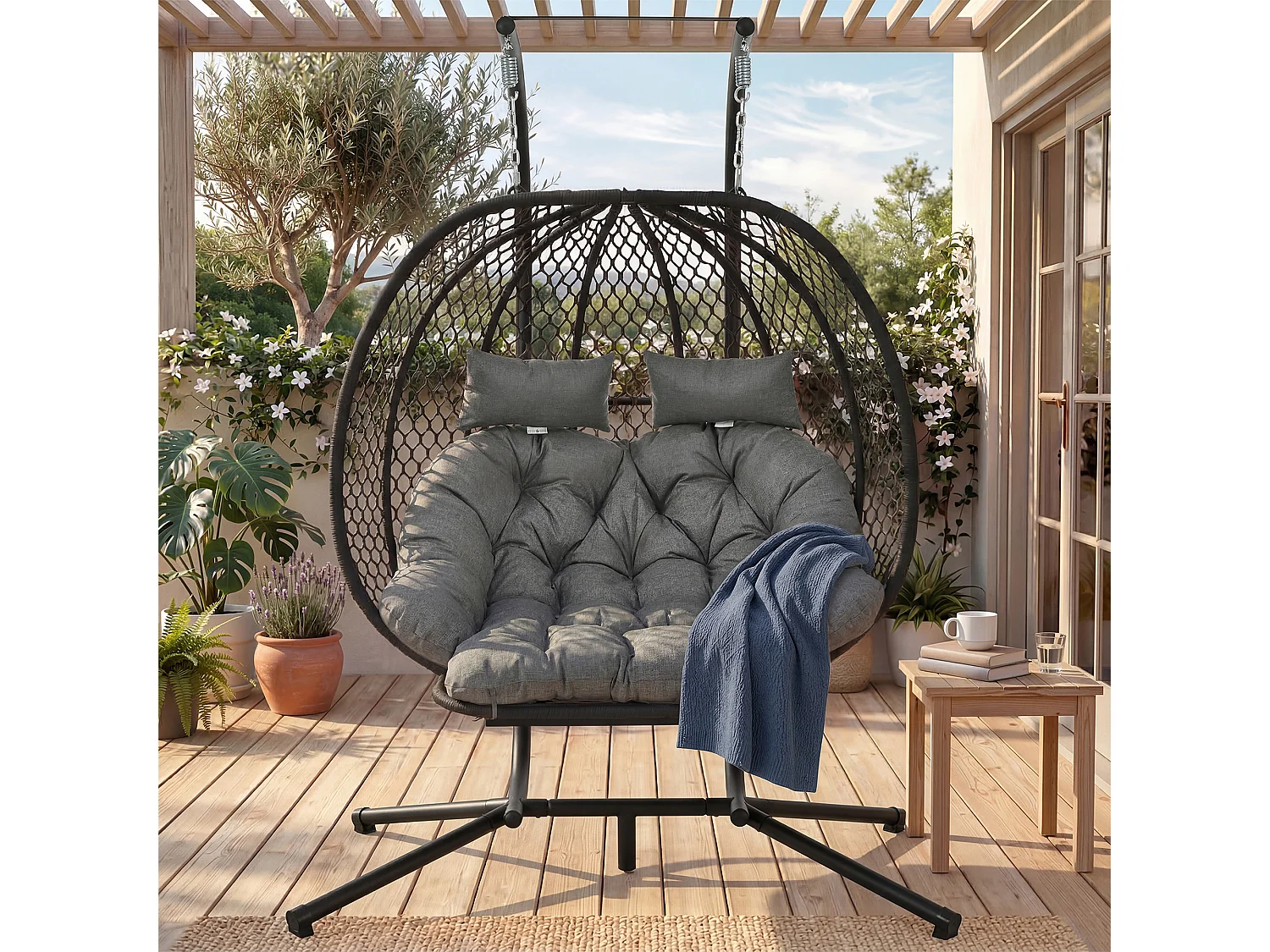 Fauteuil Oeuf Suspendu Double avec Support - Balancelle de Jardin avec Repose-pieds Réglable, Coussin Épais et Appuie-têtes - Intérieur/Extérieur - Gris