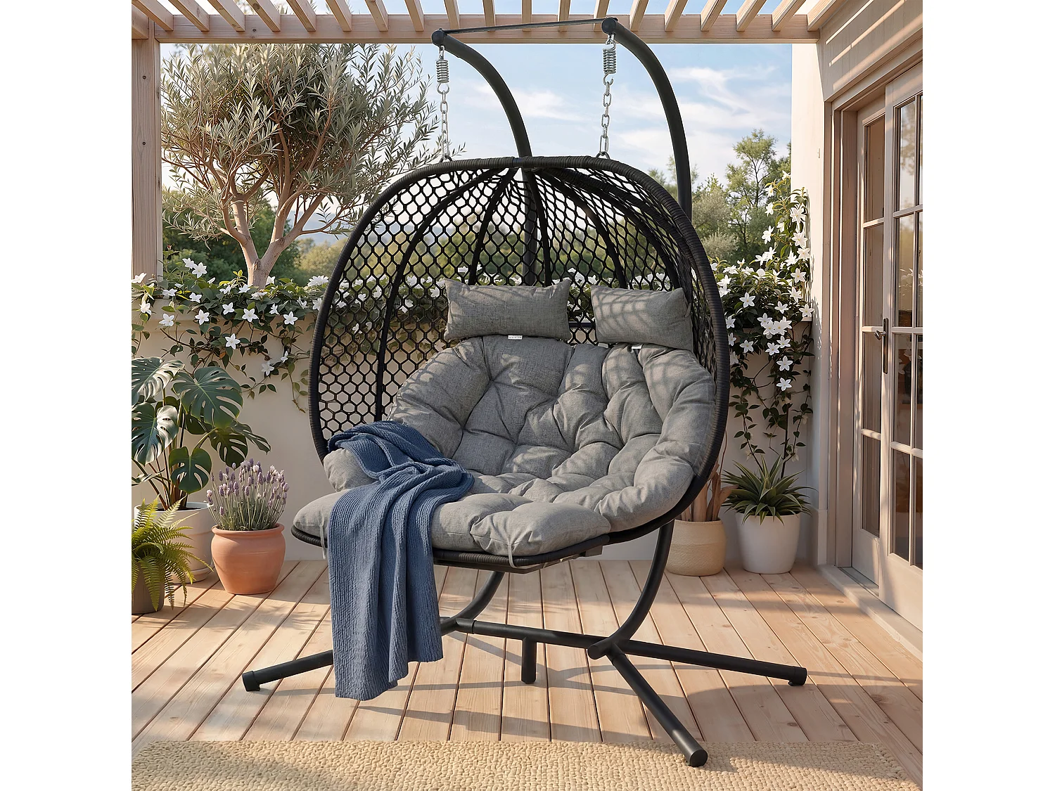 Fauteuil Oeuf Suspendu Double avec Support - Balancelle de Jardin avec Repose-pieds Réglable, Coussin Épais et Appuie-têtes - Intérieur/Extérieur - Gris