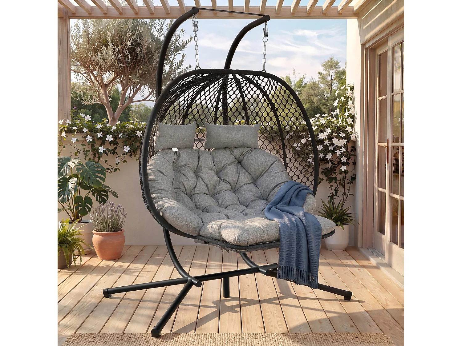 Fauteuil Oeuf Suspendu Double avec Support - Balancelle de Jardin avec Repose-pieds Réglable, Coussin Épais et Appuie-têtes - Intérieur/Extérieur - Gris