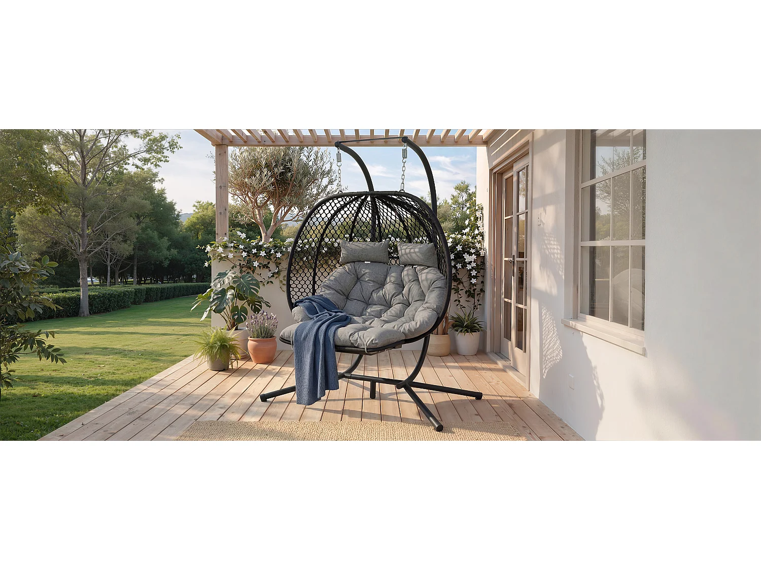 Fauteuil Oeuf Suspendu Double avec Support - Balancelle de Jardin avec Repose-pieds Réglable, Coussin Épais et Appuie-têtes - Intérieur/Extérieur - Gris