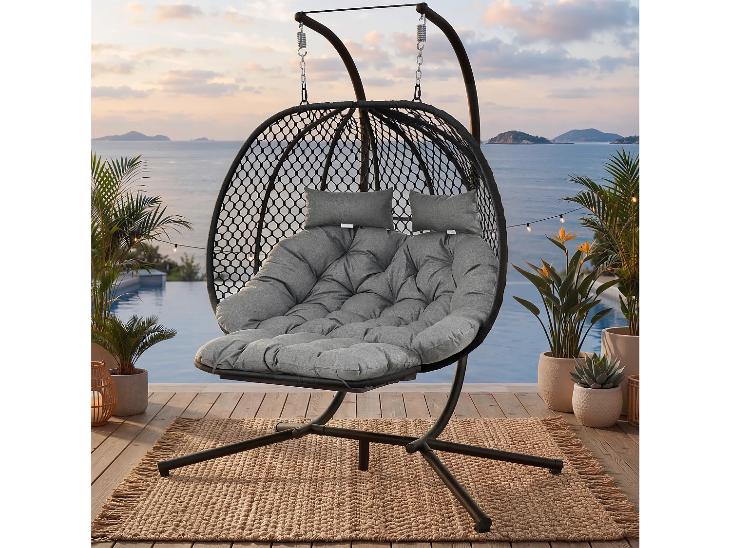 Fauteuil Oeuf Suspendu Double avec Support - Balancelle de Jardin avec Repose-pieds Réglable, Coussin Épais et Appuie-têtes - Intérieur/Extérieur - Gris