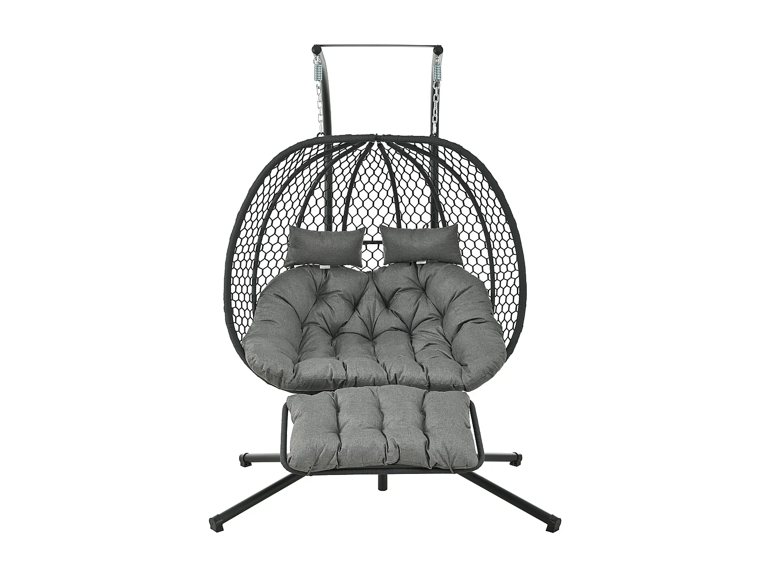Doppel-Hängeschaukel in Eiform mit Gestell - Gartenschaukel mit Verstellbarer Fußstütze, Dicker Sitzauflage und Kopfstützen - Innen/Außen - Grau