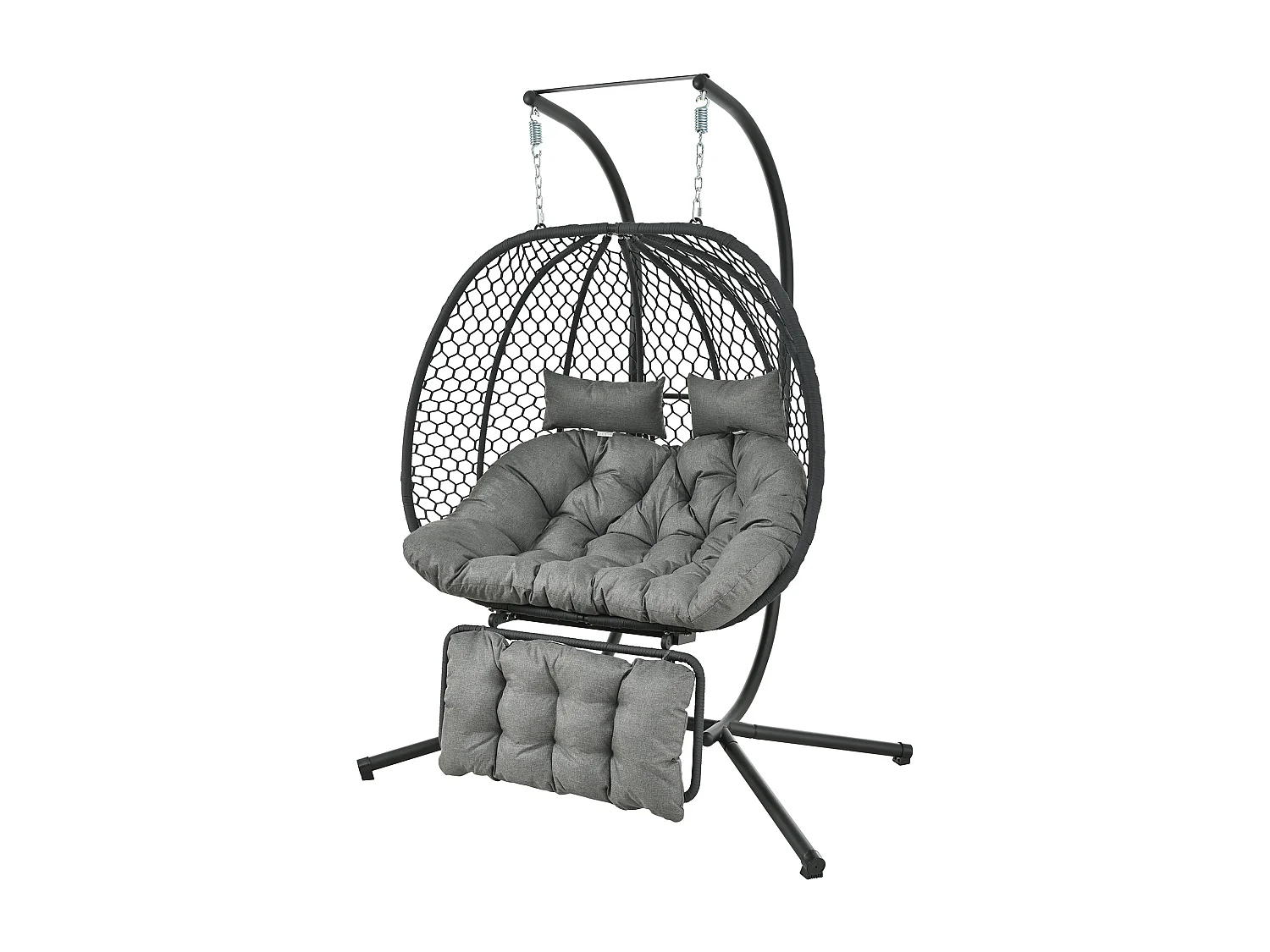 Doppel-Hängeschaukel in Eiform mit Gestell - Gartenschaukel mit Verstellbarer Fußstütze, Dicker Sitzauflage und Kopfstützen - Innen/Außen - Grau