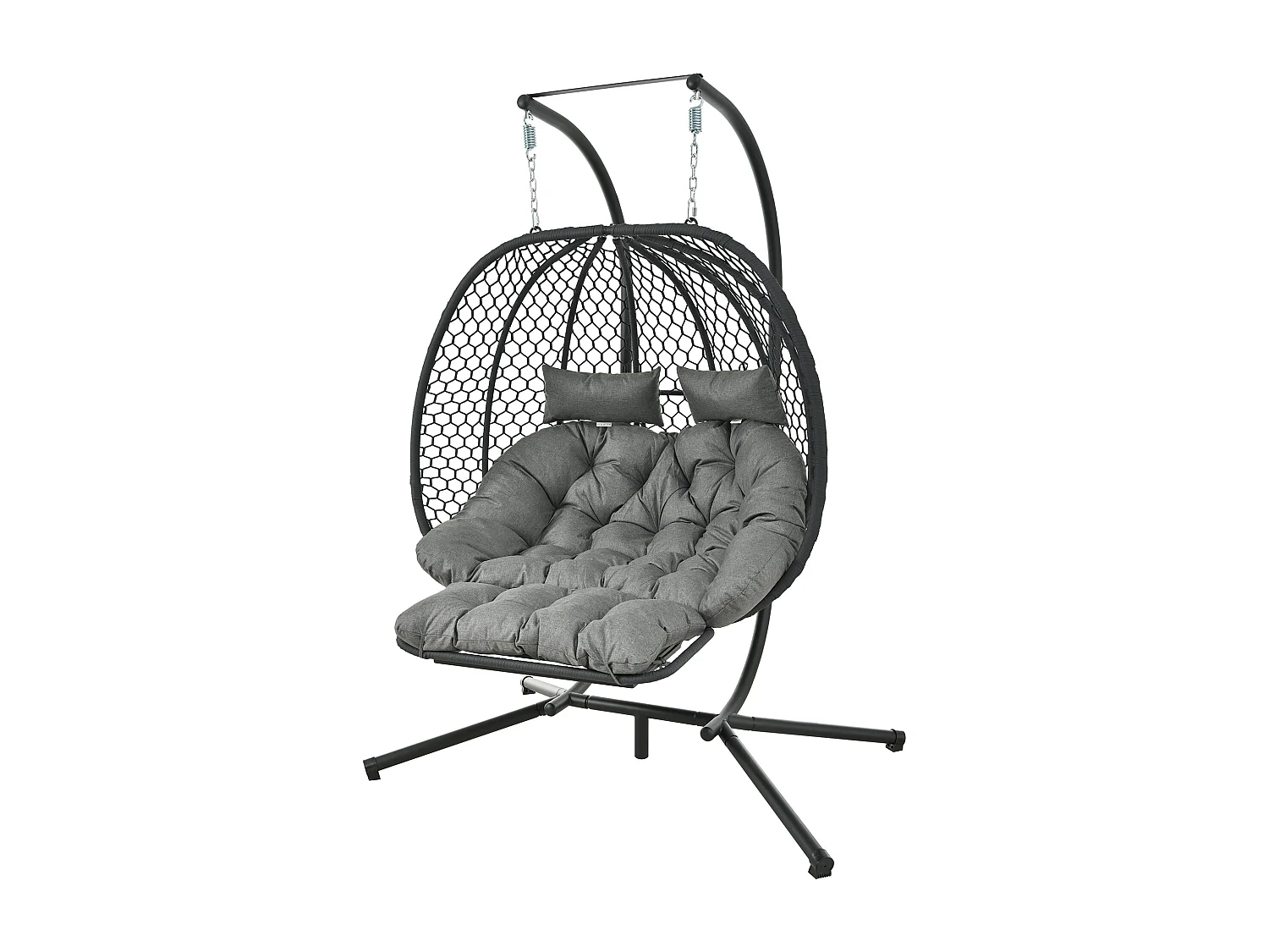 Doppel-Hängeschaukel in Eiform mit Gestell - Gartenschaukel mit Verstellbarer Fußstütze, Dicker Sitzauflage und Kopfstützen - Innen/Außen - Grau