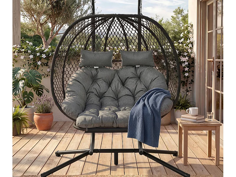 Fauteuil Oeuf Suspendu Double avec Support - Balancelle de Jardin avec Repose-pieds Réglable, Coussin Épais et Appuie-têtes - Intérieur/Extérieur - Gris