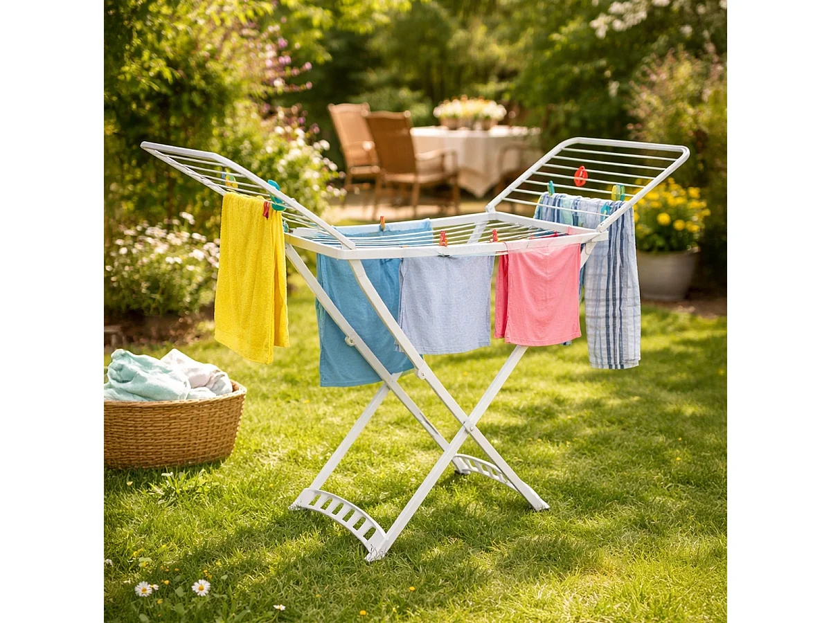 Étendoir séchoir à linge pliable avec 6 Clips de Séchage pour Chaussettes, blanc-Hauteur 100 x Longueur 170 x Profondeur 55cm