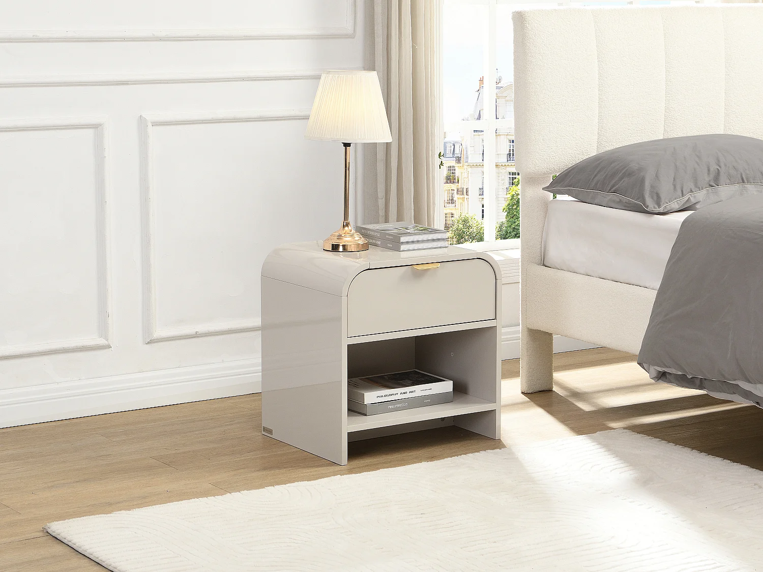 Lot de 2 tables de chevet avec 1 tiroir et 1 niche - MDF - Beige et doré - ORALINO