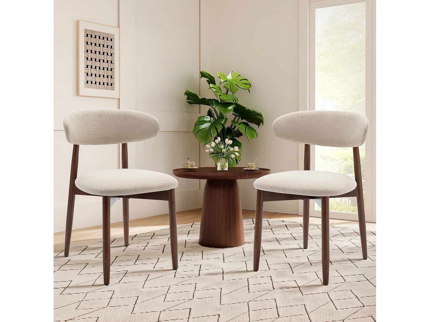 Lot de 2 chaises de salle à manger – Assise en tissu beige, dossier incurvé, pieds en bois massif