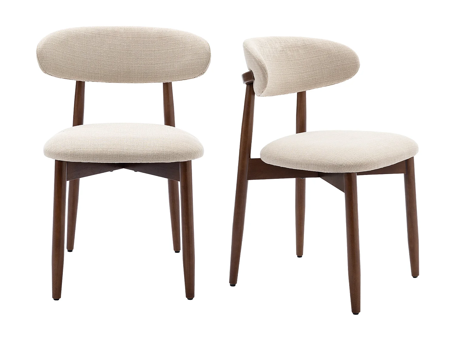 Lot de 2 chaises de salle à manger – Assise en tissu beige, dossier incurvé, pieds en bois massif
