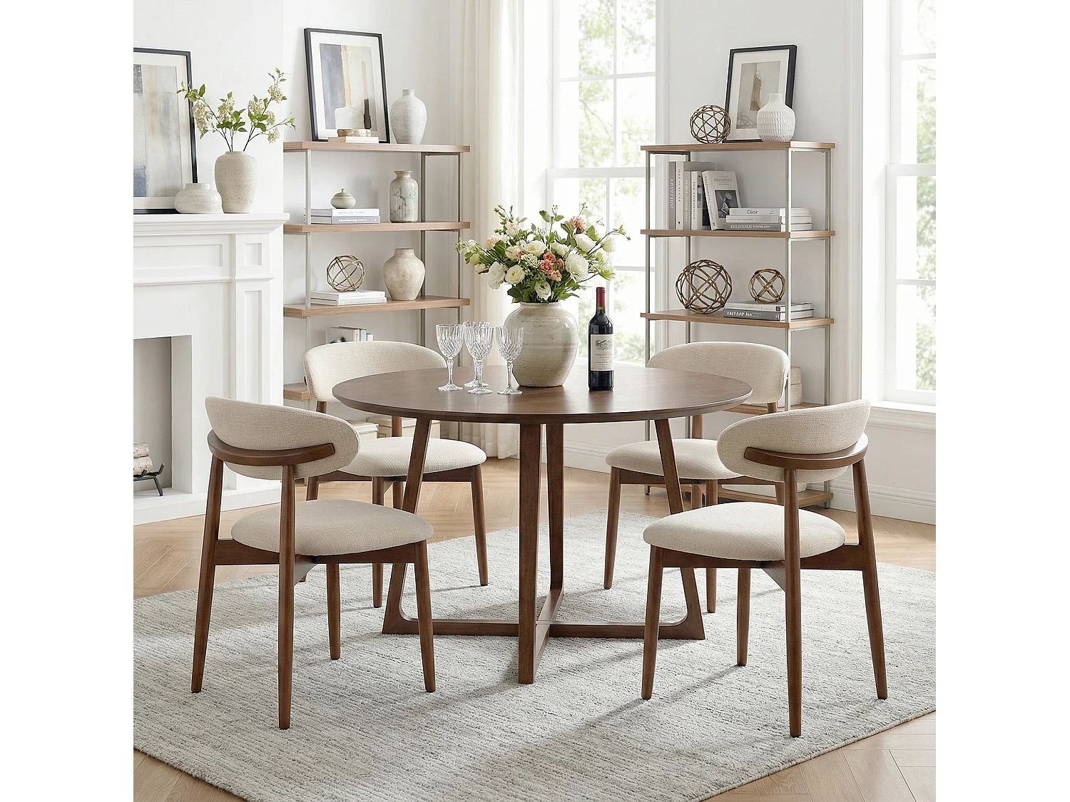 Lot de 2 chaises de salle à manger – Assise en tissu beige, dossier incurvé, pieds en bois massif