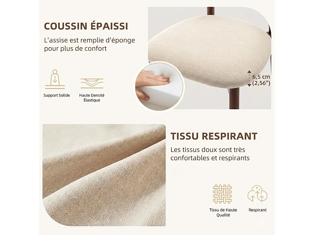 Lot de 2 chaises de salle à manger – Assise en tissu beige, dossier incurvé, pieds en bois massif
