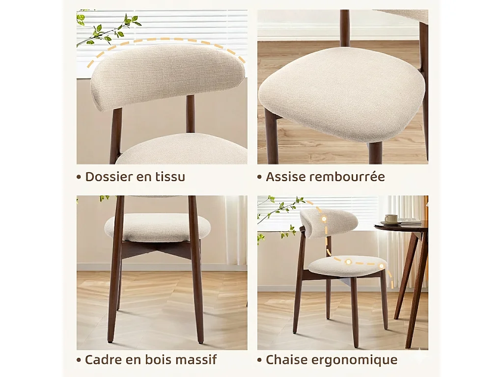 Lot de 2 chaises de salle à manger – Assise en tissu beige, dossier incurvé, pieds en bois massif