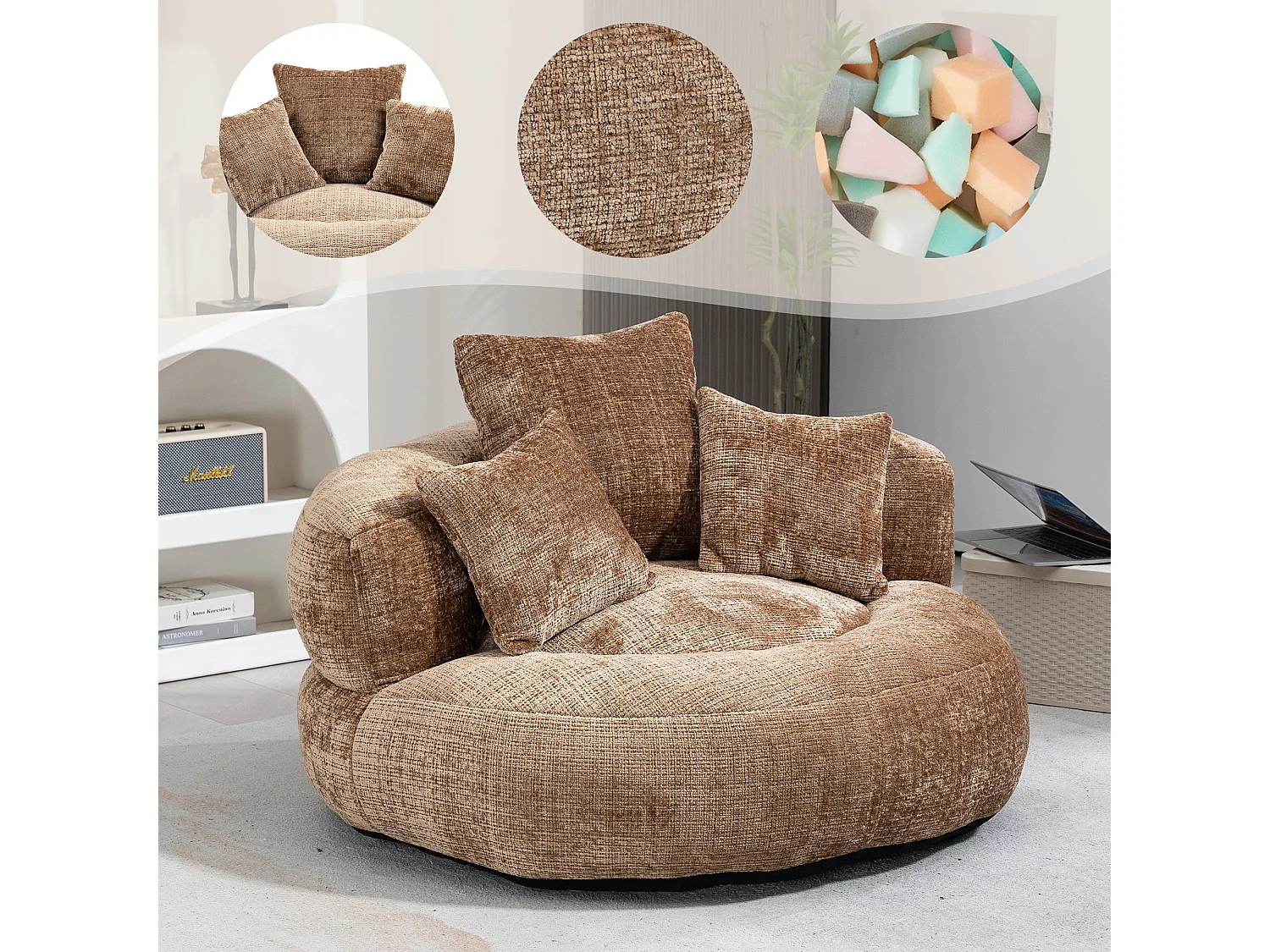 Canapé compressé 1 place, mousse mémoire haute résilience, 3 coussins, Marron