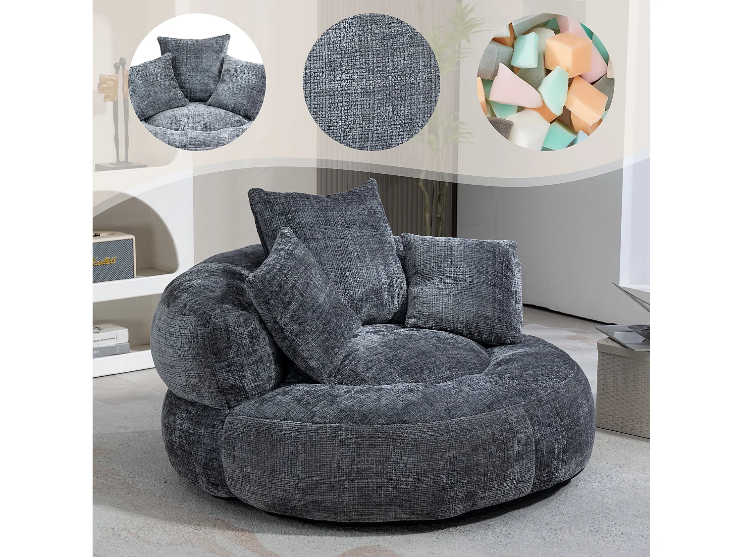 Canapé compressé 1 place, mousse mémoire haute résilience, 3 coussins, Gris