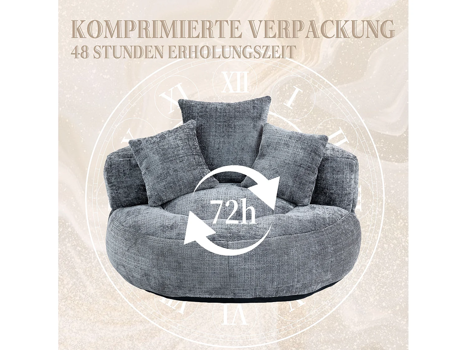 Canapé compressé 1 place, mousse mémoire haute résilience, 3 coussins, Gris