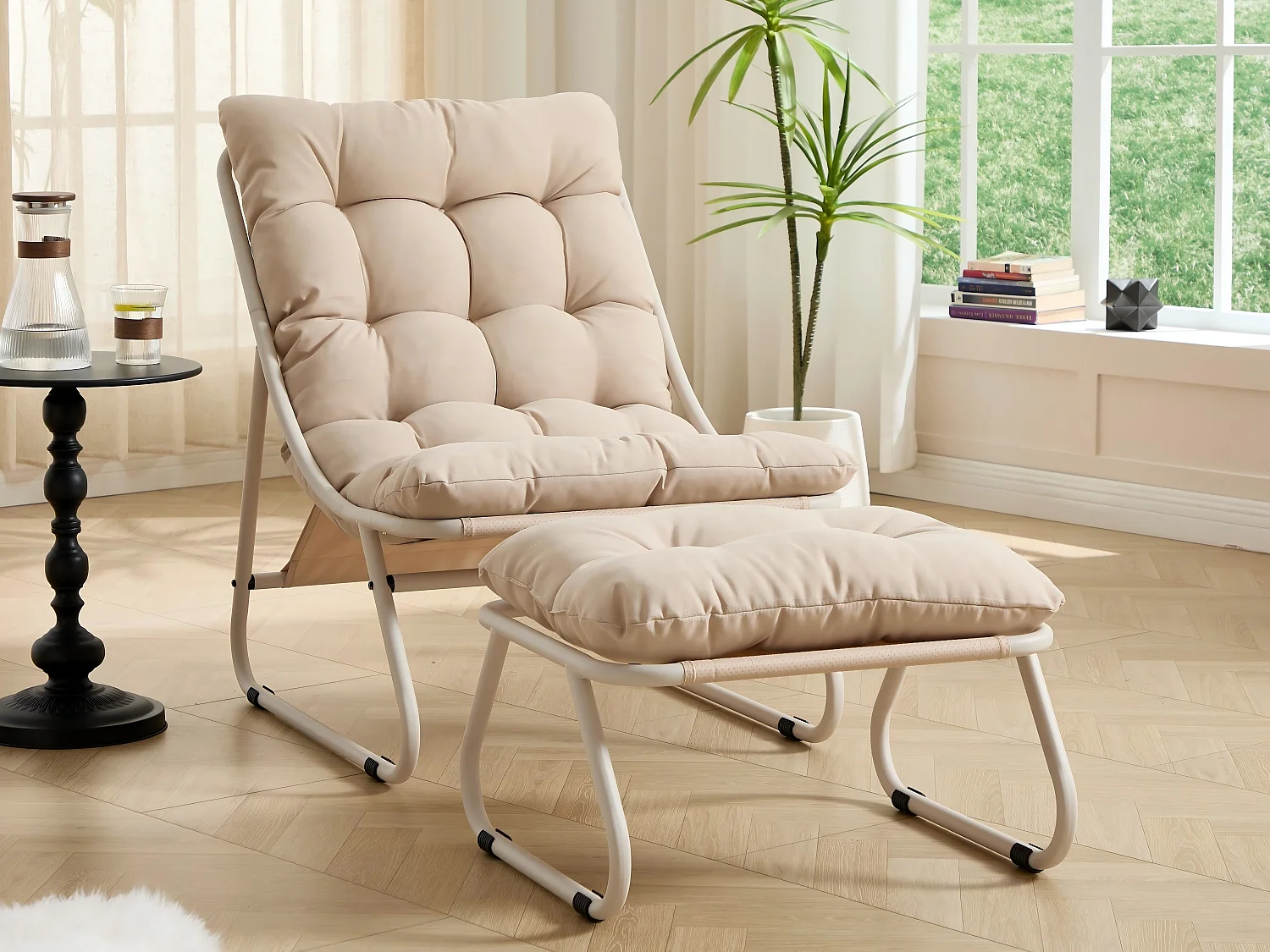 Fauteuil extérieur en acier avec coussin, pouf offert, chaise de jardin moderne pour terrasse et balcon