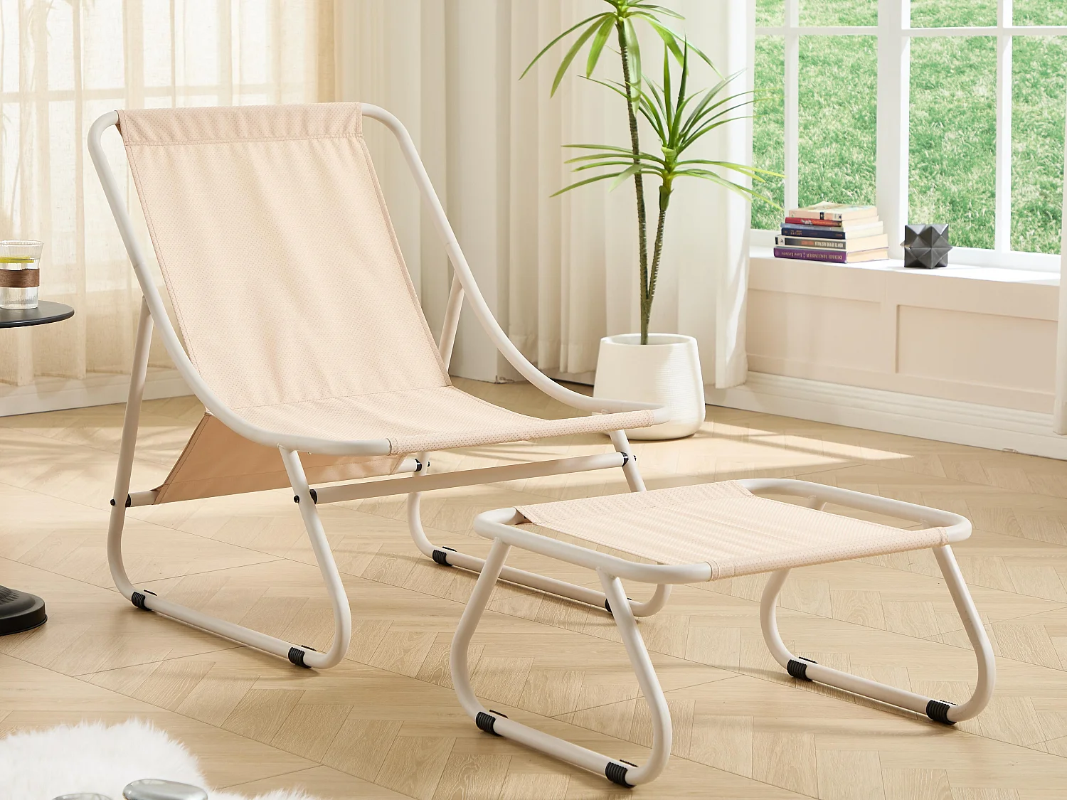 Fauteuil extérieur en acier avec coussin, pouf offert, chaise de jardin moderne pour terrasse et balcon