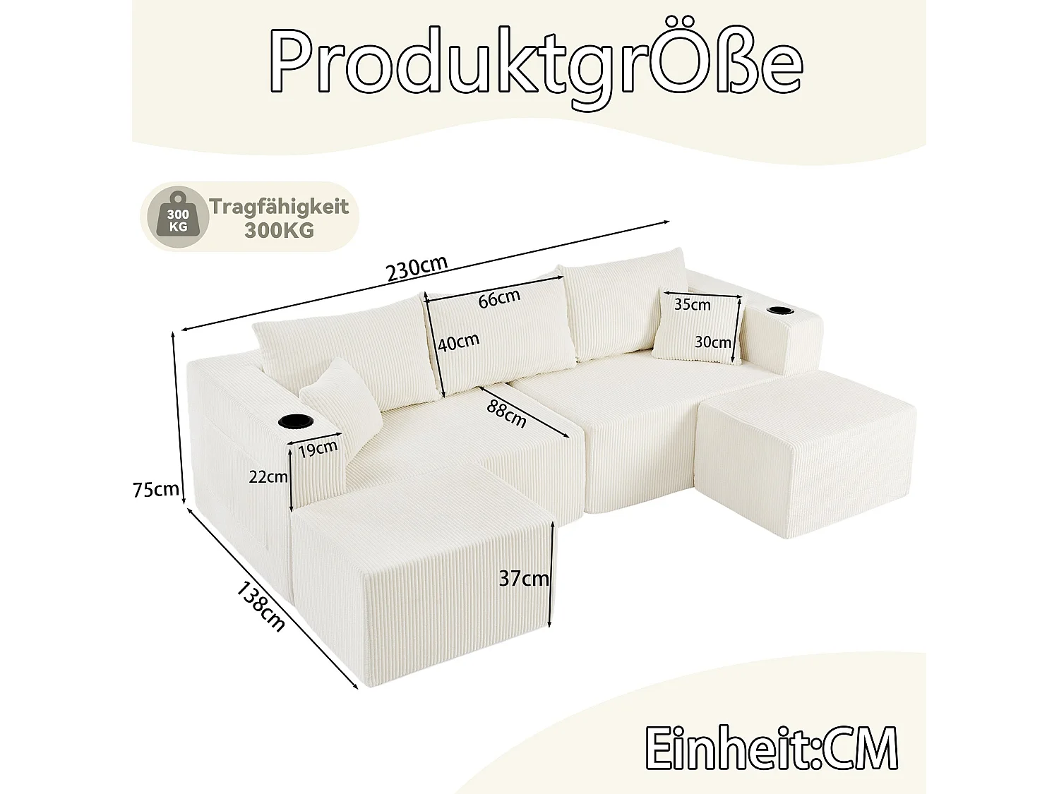 Canapé d'angle modulaire 3 places, compressé, avec ottoman, tissu velours côtelé, porte-gobelets, poche latérale et coussins, beige