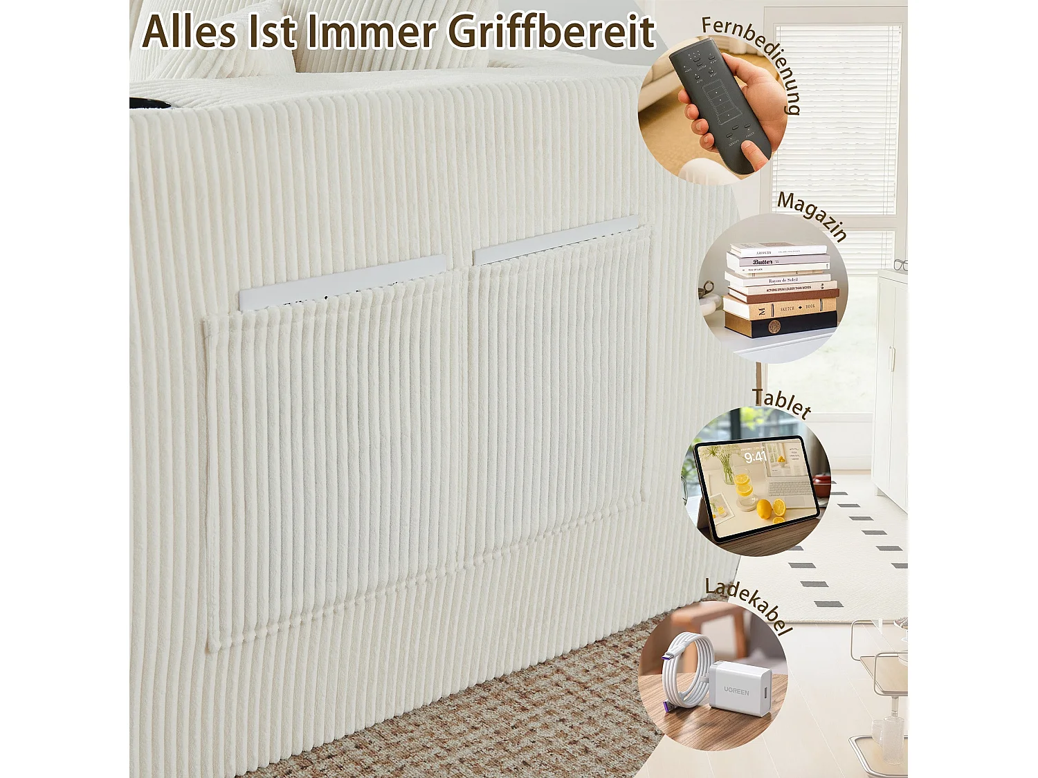 Canapé d'angle modulaire 3 places, compressé, avec ottoman, tissu velours côtelé, porte-gobelets, poche latérale et coussins, beige