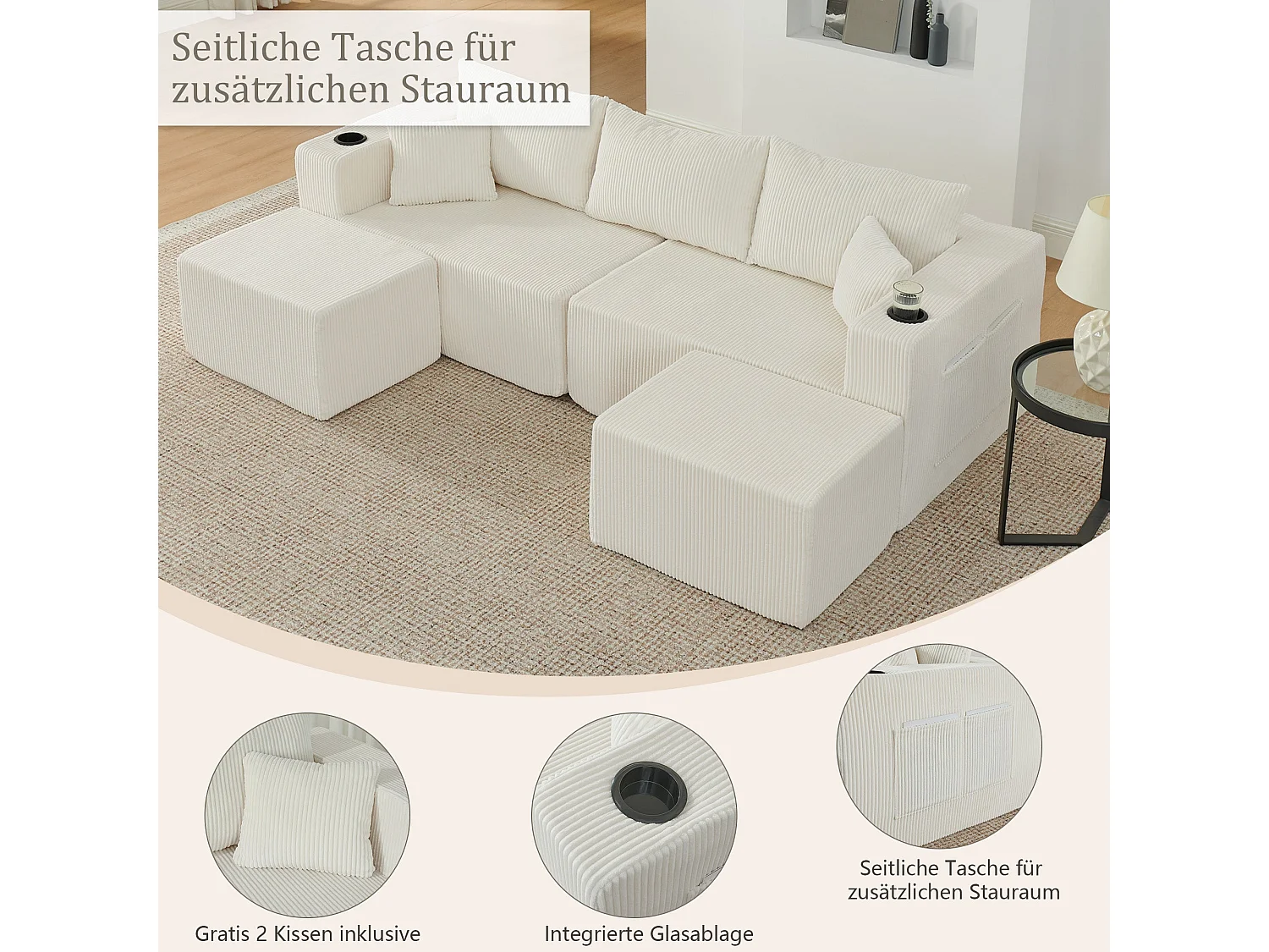 Canapé d'angle modulaire 3 places, compressé, avec ottoman, tissu velours côtelé, porte-gobelets, poche latérale et coussins, beige