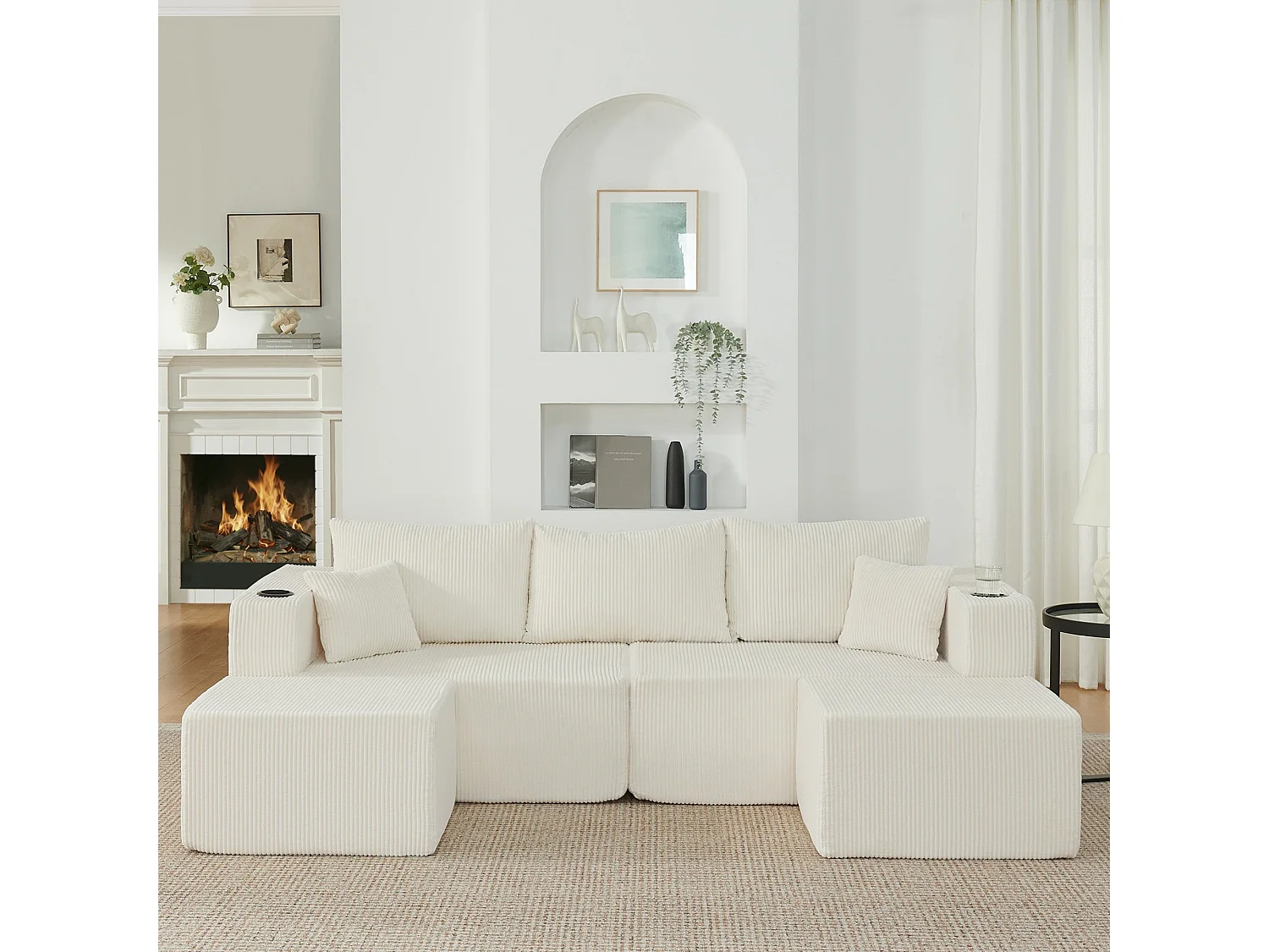 Canapé d'angle modulaire 3 places, compressé, avec ottoman, tissu velours côtelé, porte-gobelets, poche latérale et coussins, beige