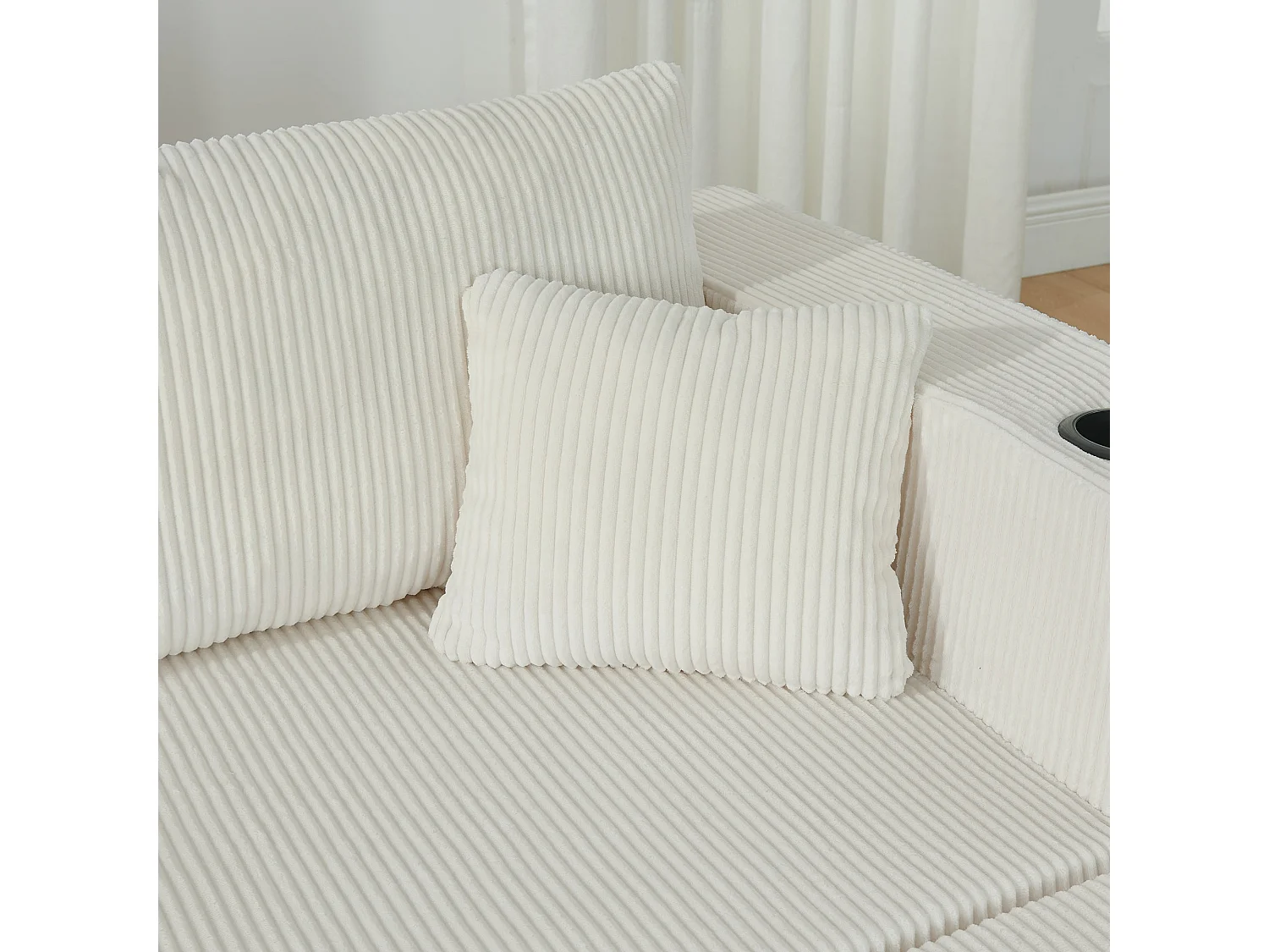 Canapé d'angle modulaire 3 places, compressé, avec ottoman, tissu velours côtelé, porte-gobelets, poche latérale et coussins, beige