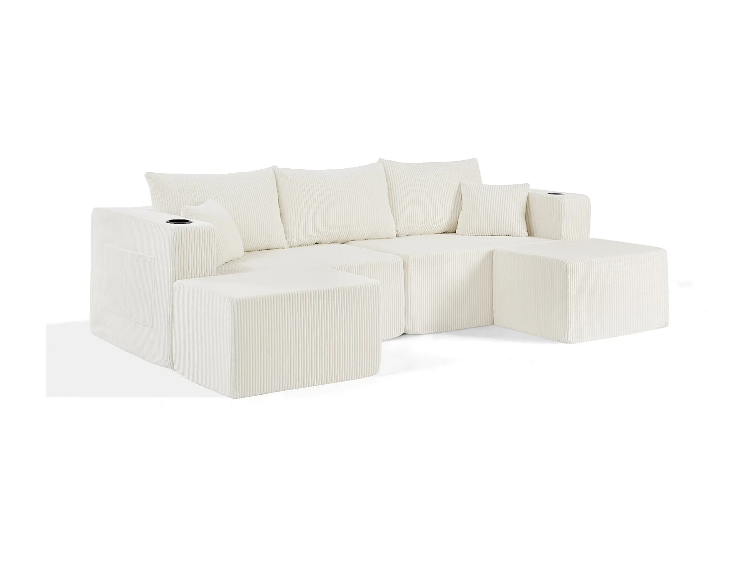 Canapé d'angle modulaire 3 places, compressé, avec ottoman, tissu velours côtelé, porte-gobelets, poche latérale et coussins, beige