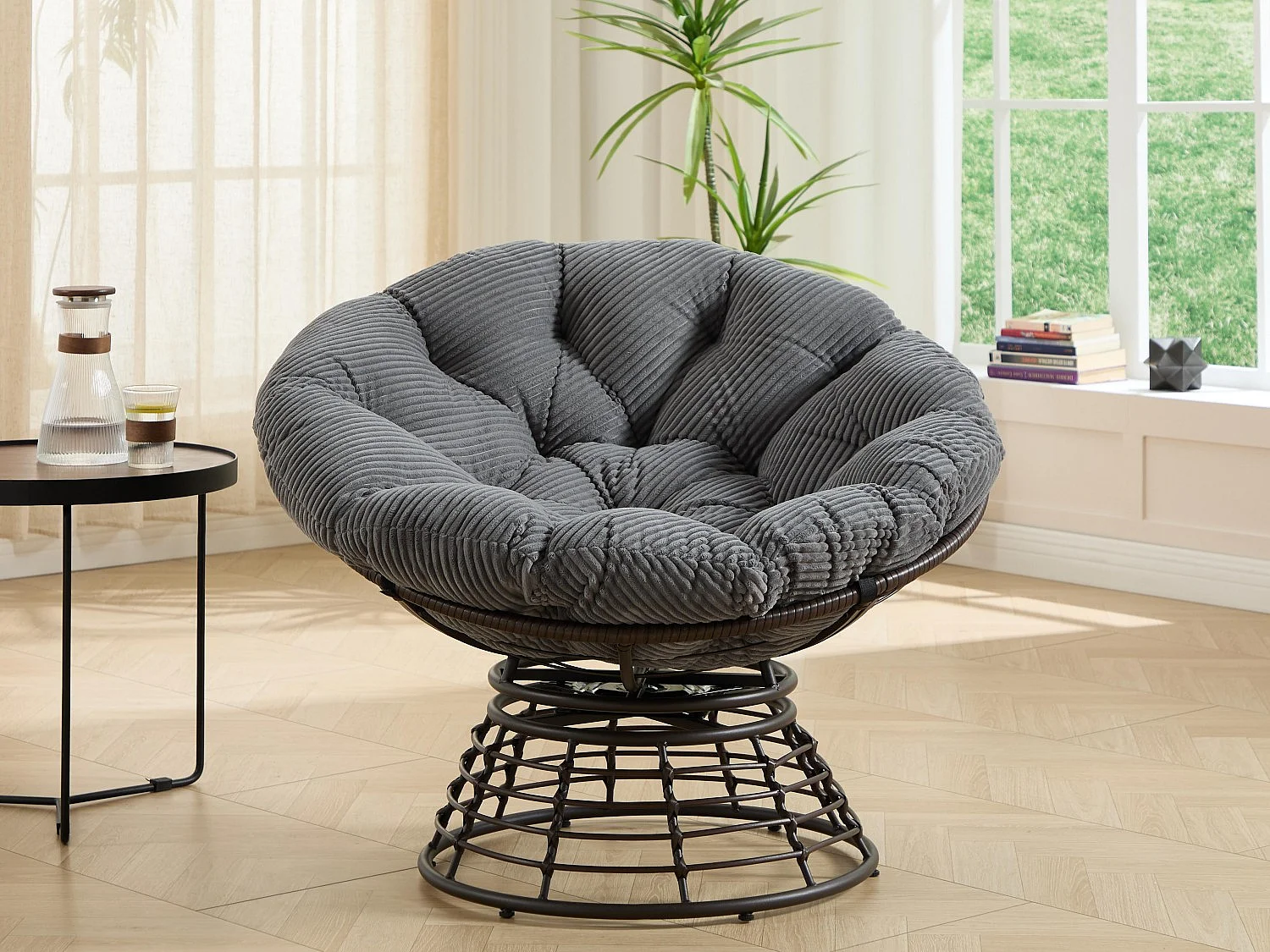 Papasan lounge stoel bohemien stijl, 360° draaibaar, eivormig van PE-rotan met dik kussen voor woonkamer en balkon