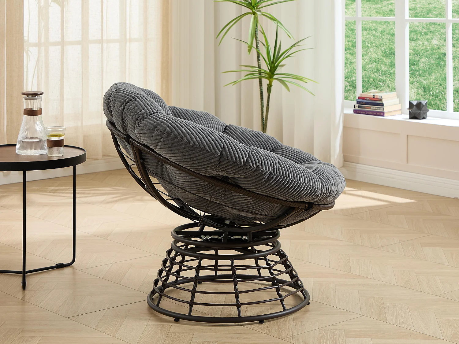 Papasan lounge stoel bohemien stijl, 360° draaibaar, eivormig van PE-rotan met dik kussen voor woonkamer en balkon