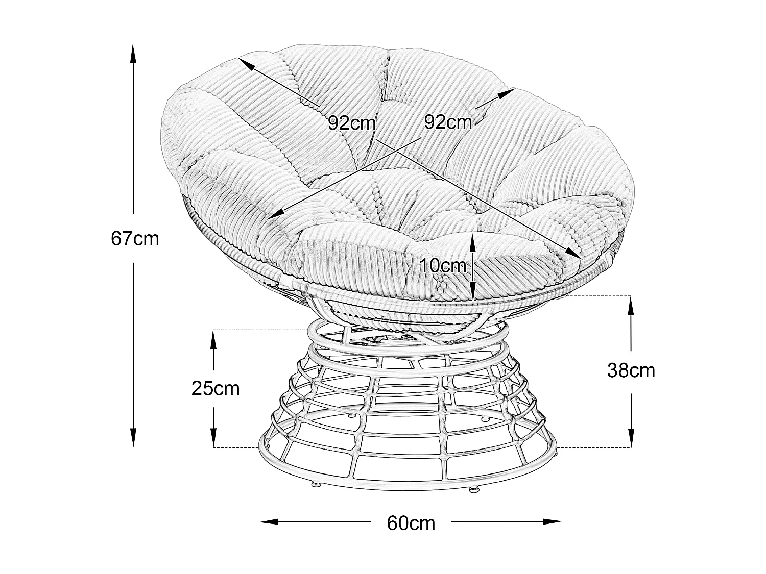 Papasan lounge stoel bohemien stijl, 360° draaibaar, eivormig van PE-rotan met dik kussen voor woonkamer en balkon