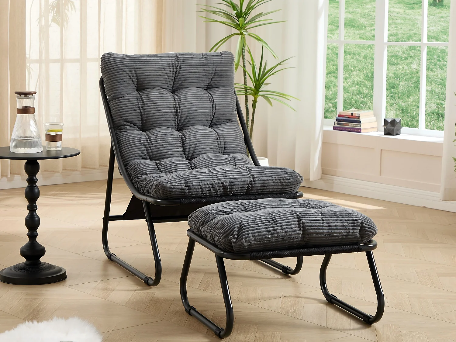 Fauteuil extérieur en acier avec coussin, pouf offert, chaise de jardin moderne pour terrasse et balcon