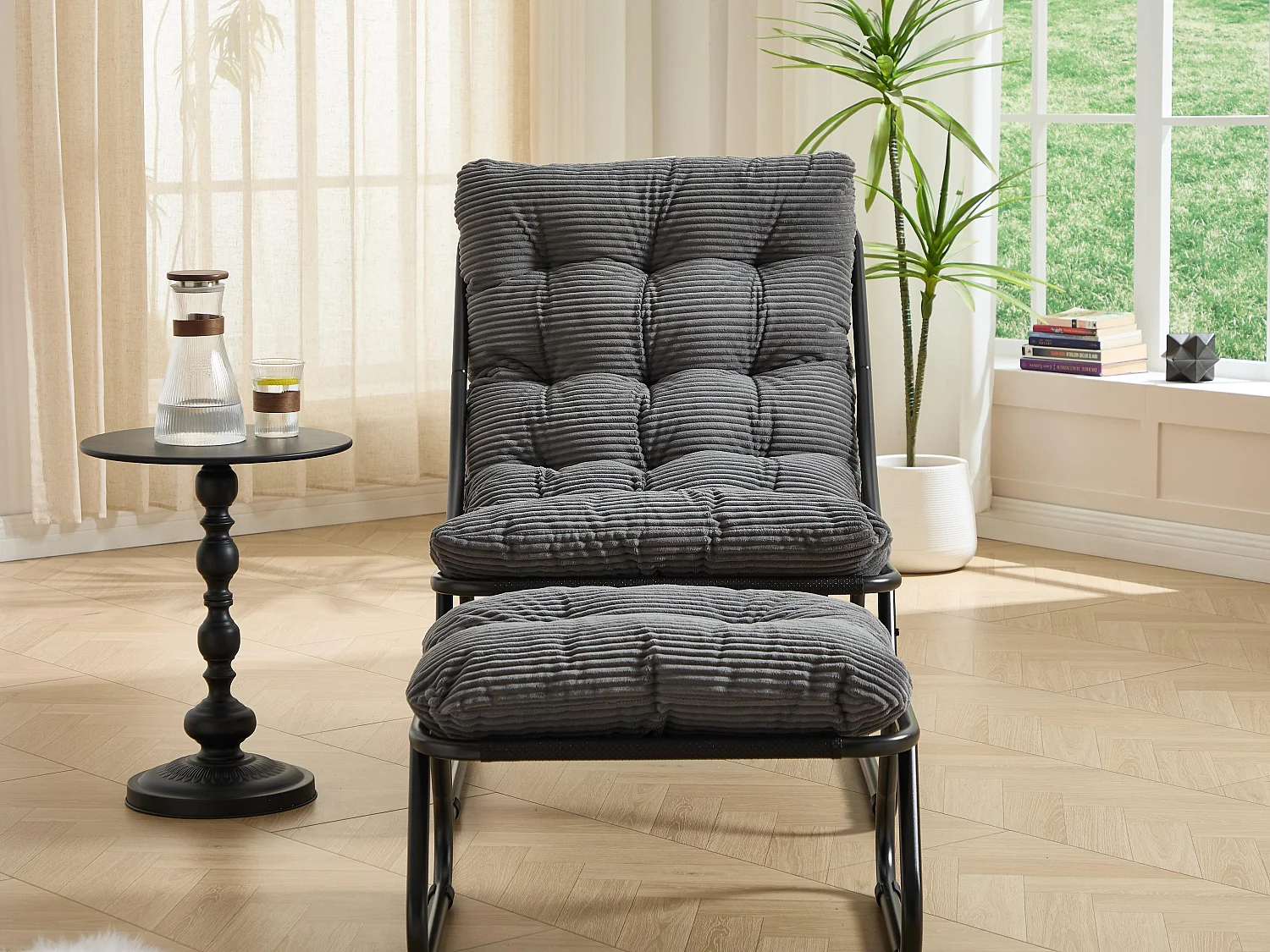 Fauteuil extérieur en acier avec coussin, pouf offert, chaise de jardin moderne pour terrasse et balcon