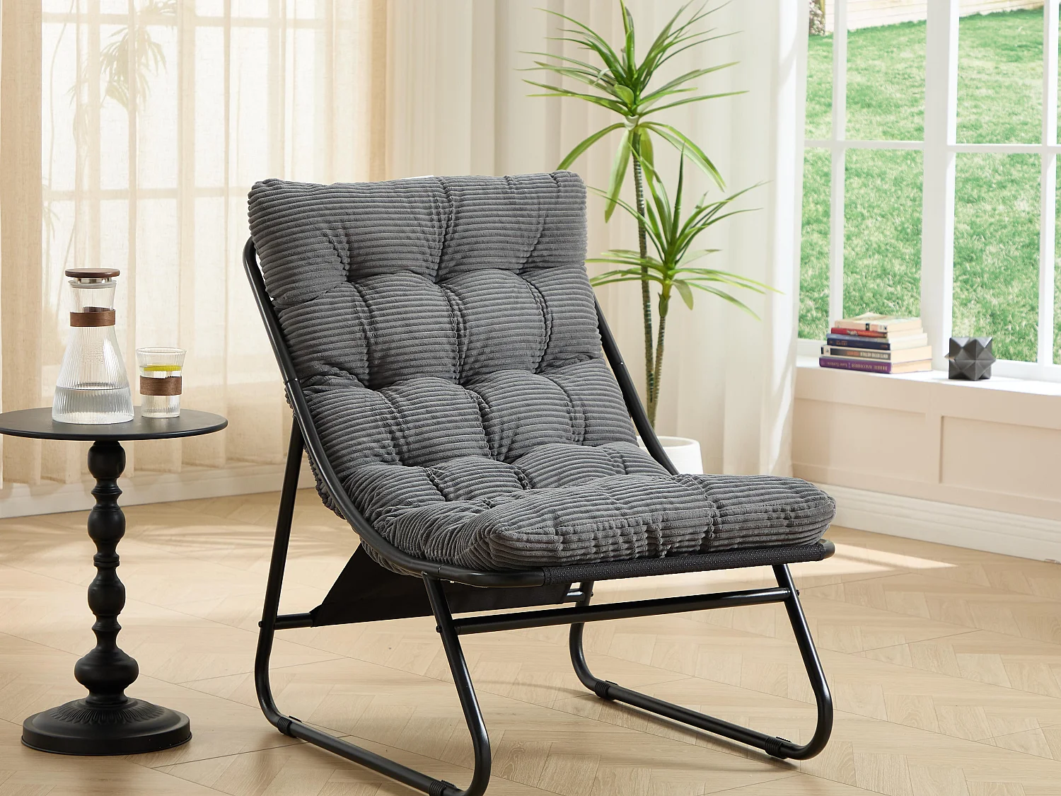 Fauteuil extérieur en acier avec coussin, pouf offert, chaise de jardin moderne pour terrasse et balcon