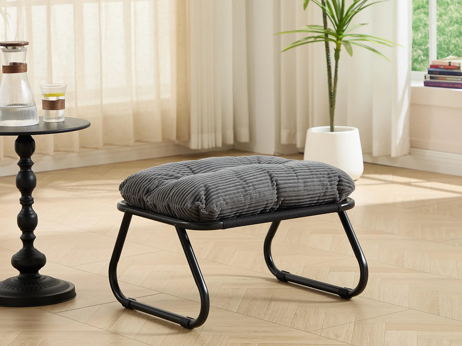 Fauteuil extérieur en acier avec coussin, pouf offert, chaise de jardin moderne pour terrasse et balcon