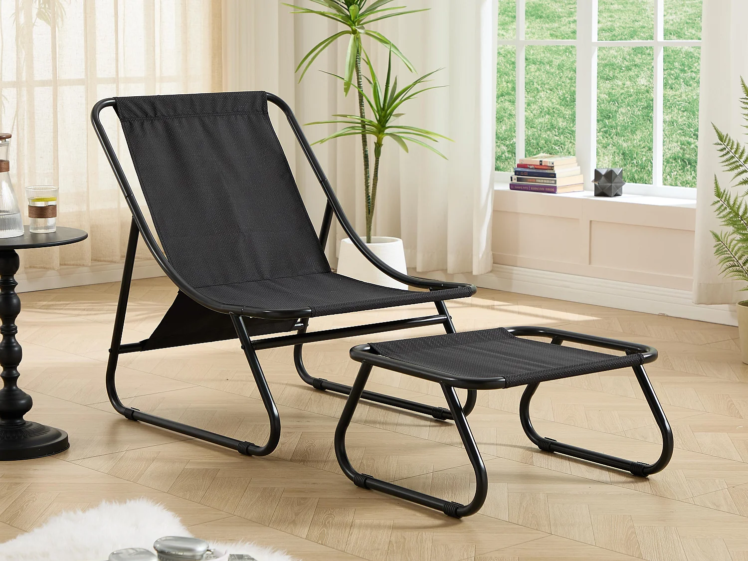 Fauteuil extérieur en acier avec coussin, pouf offert, chaise de jardin moderne pour terrasse et balcon